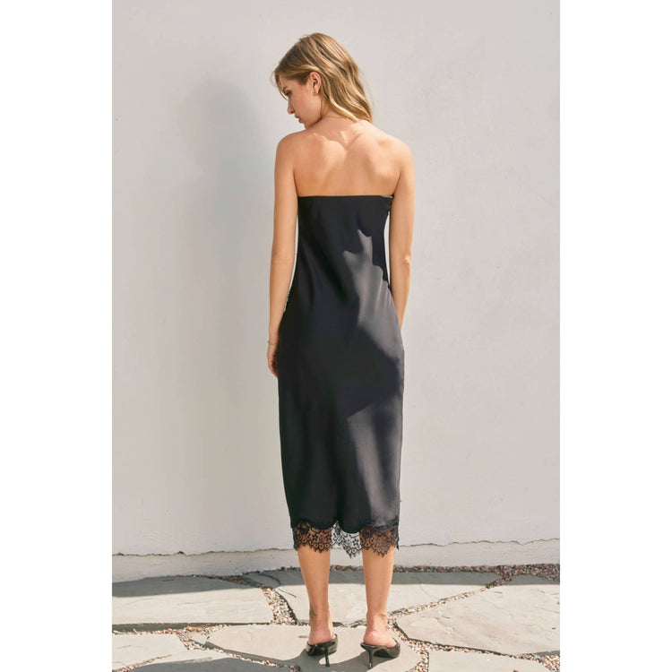 Satin Strapless Lace Hem Midi Dress