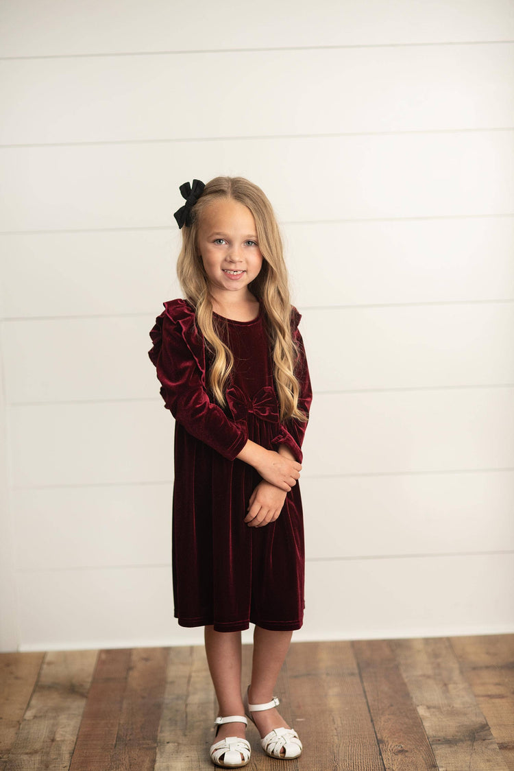 Kids Burgundy Wine Velvet Bow Ruffle Holiday Party Dress