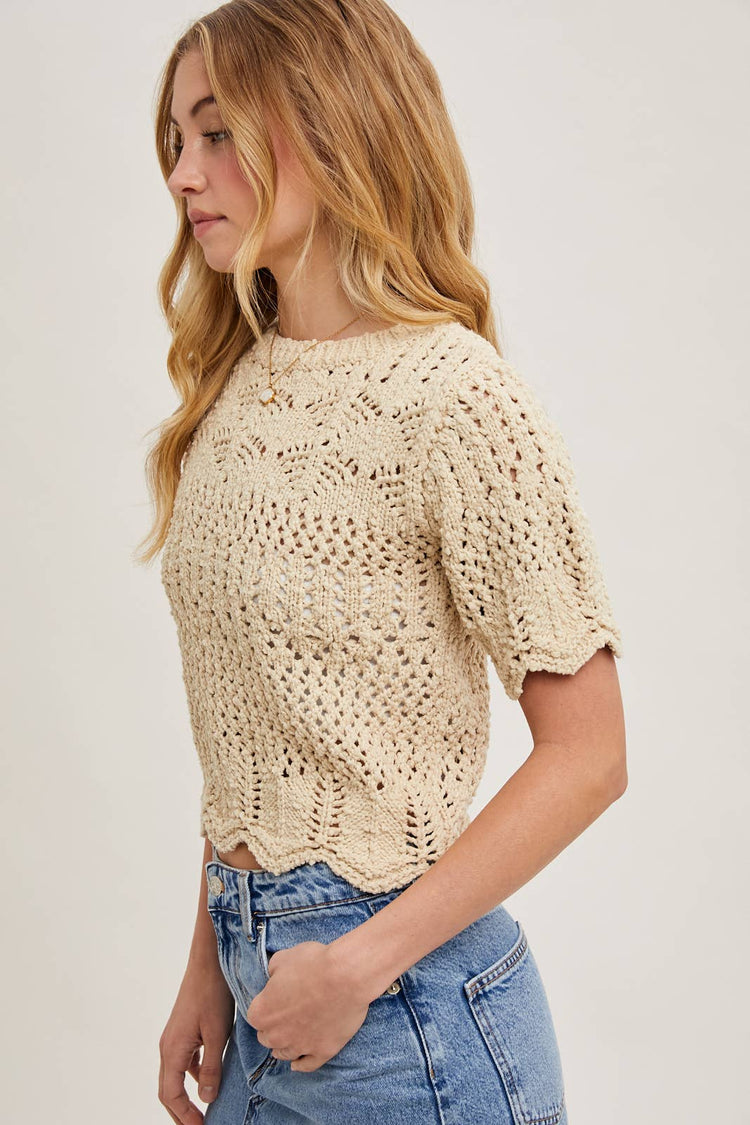 SHEER KNIT SWEATER WITH SCALLOPED HEM BOTTOM