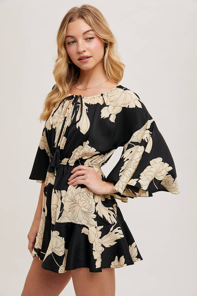 FLORAL PRINT OFF THE SHOULDER BELL SLEEVED ROMPER