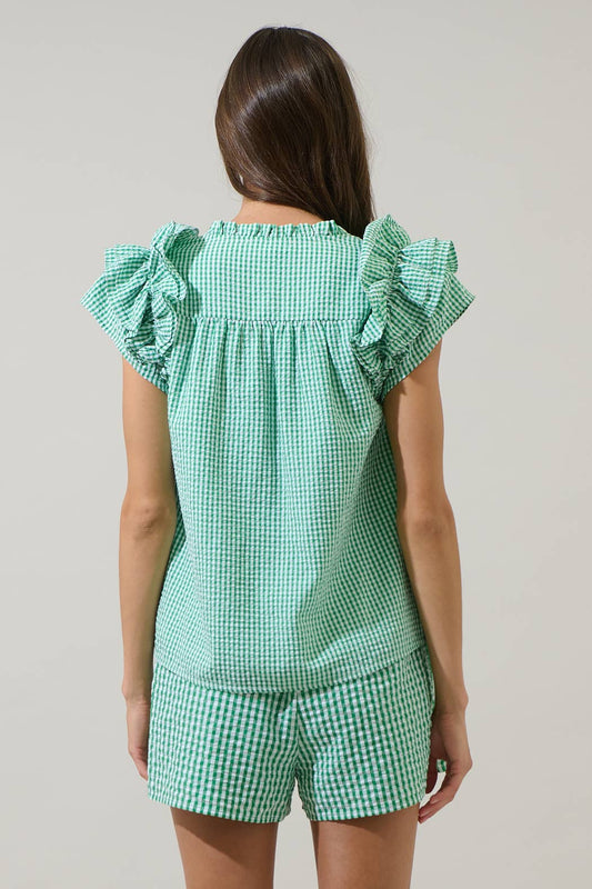 Tamara Checker Ramona Ruffle Split Neck Top