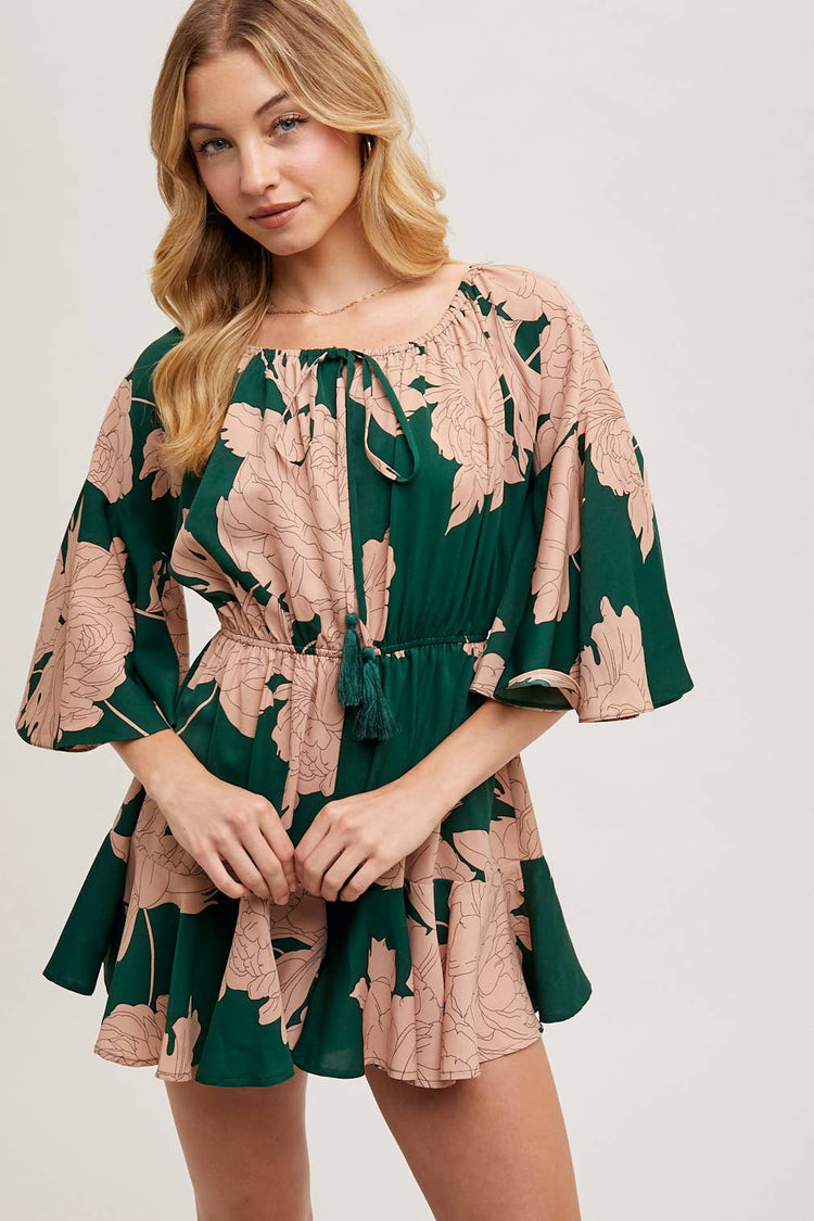 FLORAL PRINT OFF THE SHOULDER BELL SLEEVED ROMPER