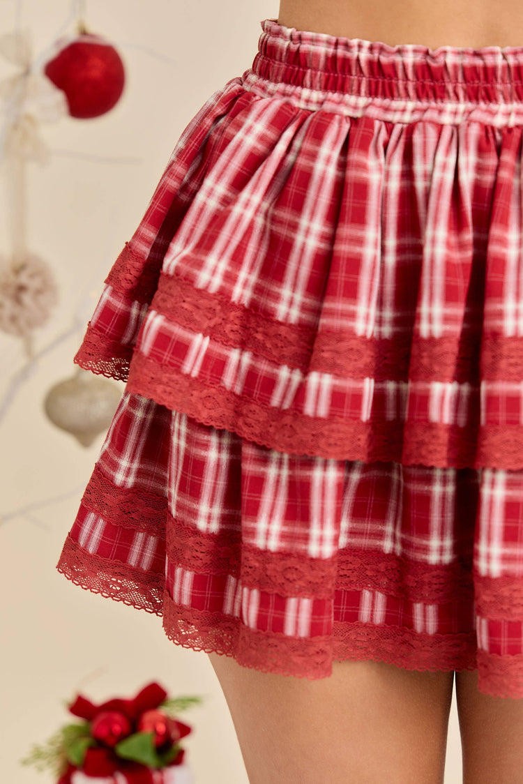 Plaid Ruffle Skort With Lace Trim Detail