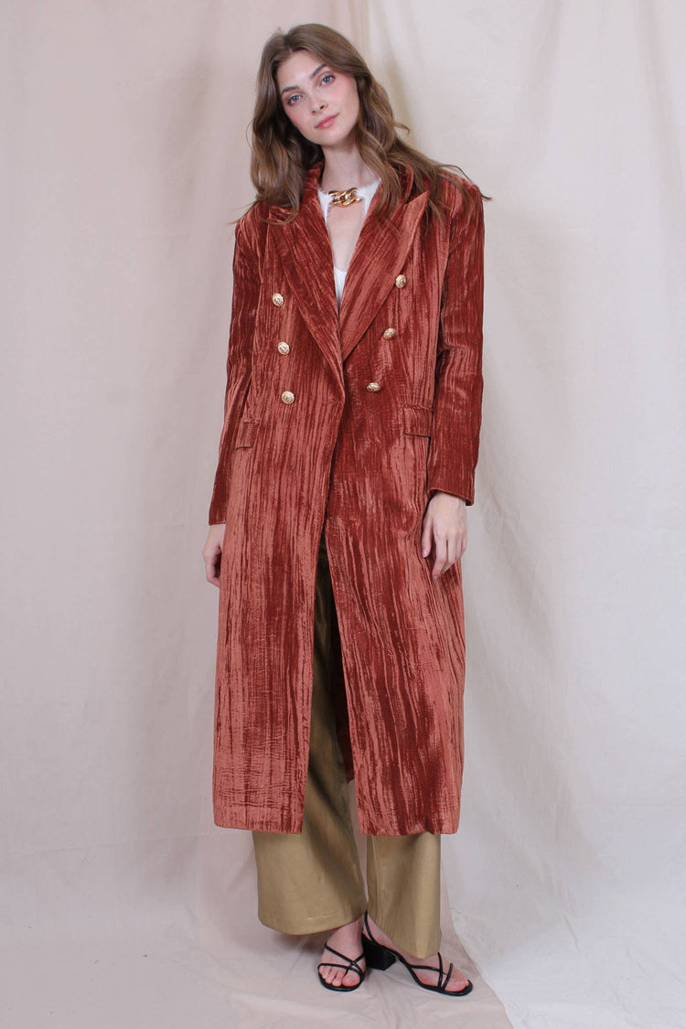 CHIC DOUBLE BREASTED WRINKLED VELVET LONG COAT
