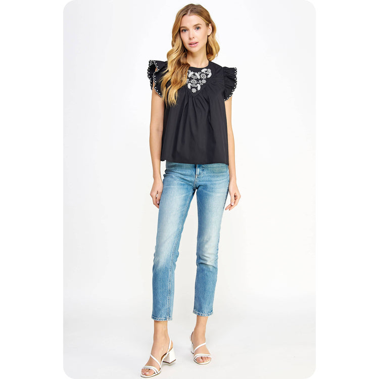 Contrast Embroidered Eyelet Sleeveless Poplin Top