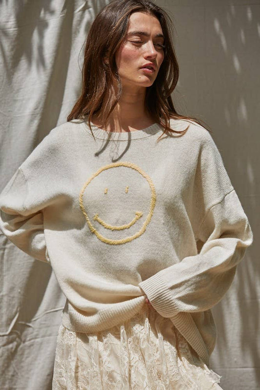W2232 | Knit Sweater Smiley Face Pullover Top