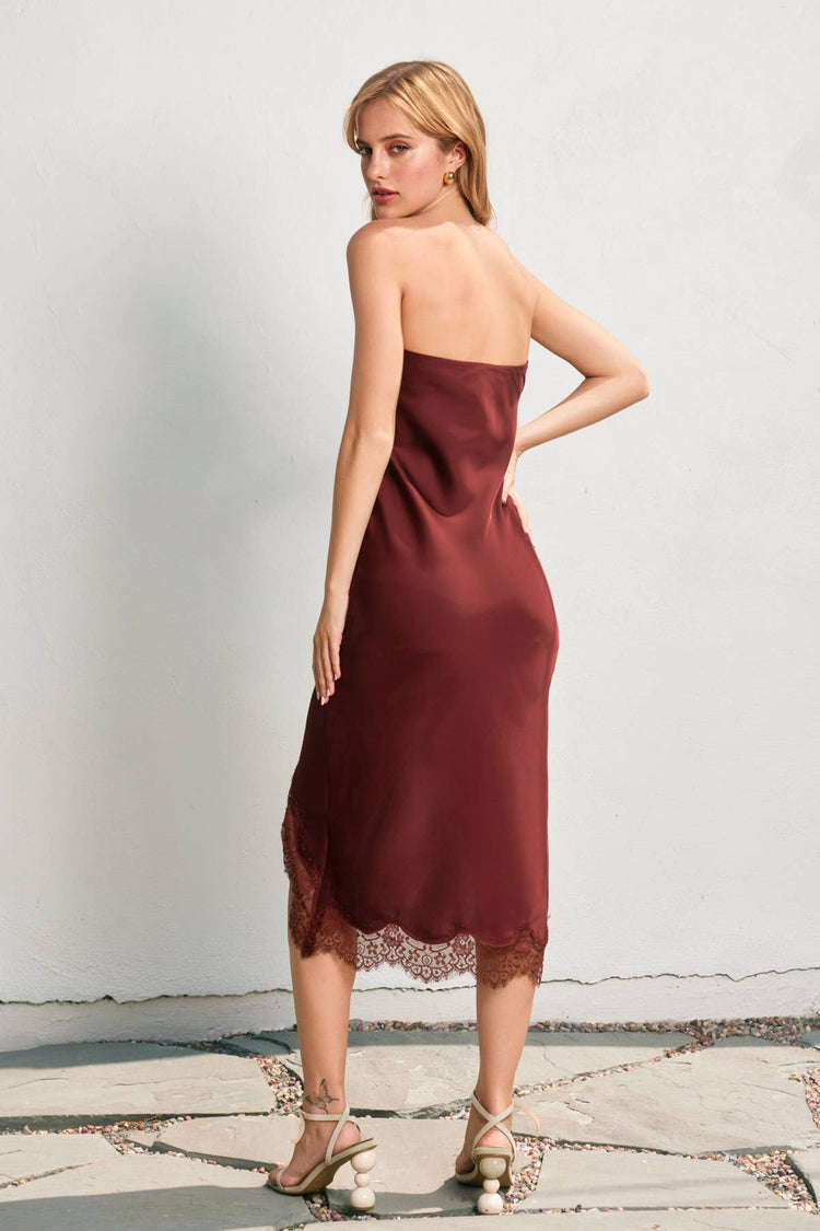 Satin Strapless Lace Hem Midi Dress