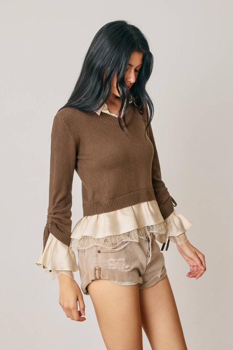 Satin Lace Shirt Insert Sweater (1)