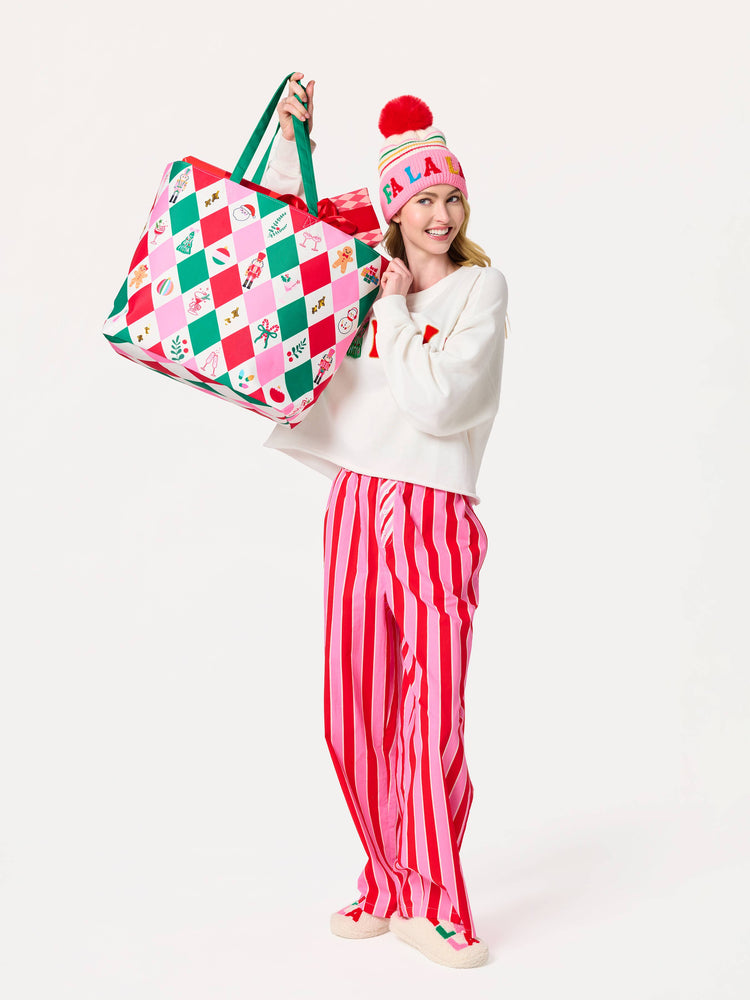 "FA LA LA" STRIPED BEANIE, PINK