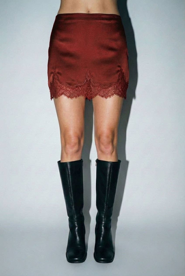 Lace Trim Satin Mini Skirt