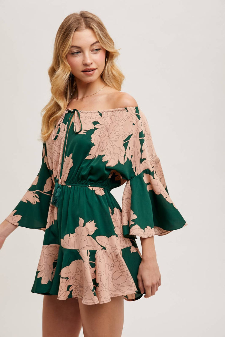 FLORAL PRINT OFF THE SHOULDER BELL SLEEVED ROMPER