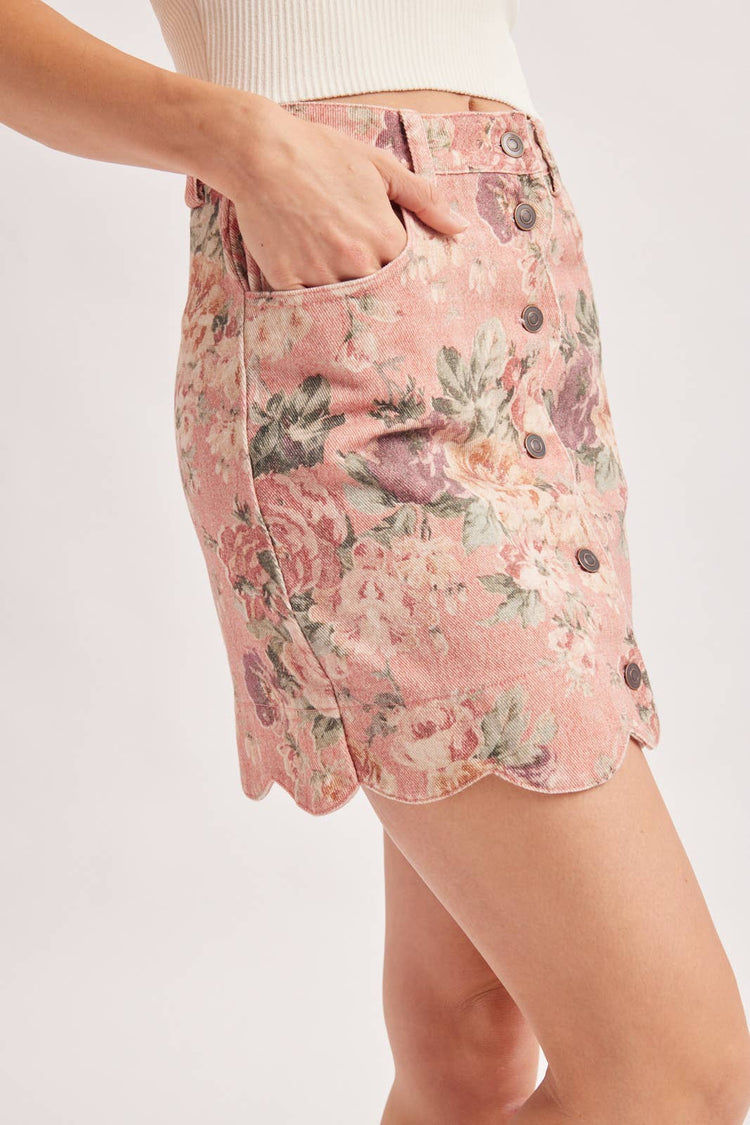 VINTAGE FLORAL PRINT BUTTON DOWN SCALLOPED HEM MINI SKIRT