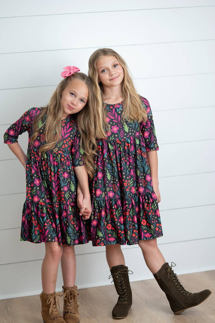 Girls Emma Dark Magenta Fall Floral Tiered Twirl Dress