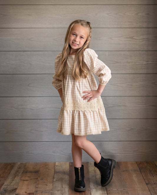 Tan Gingham & Vintage Lace Puff Sleeve Tiered Dress