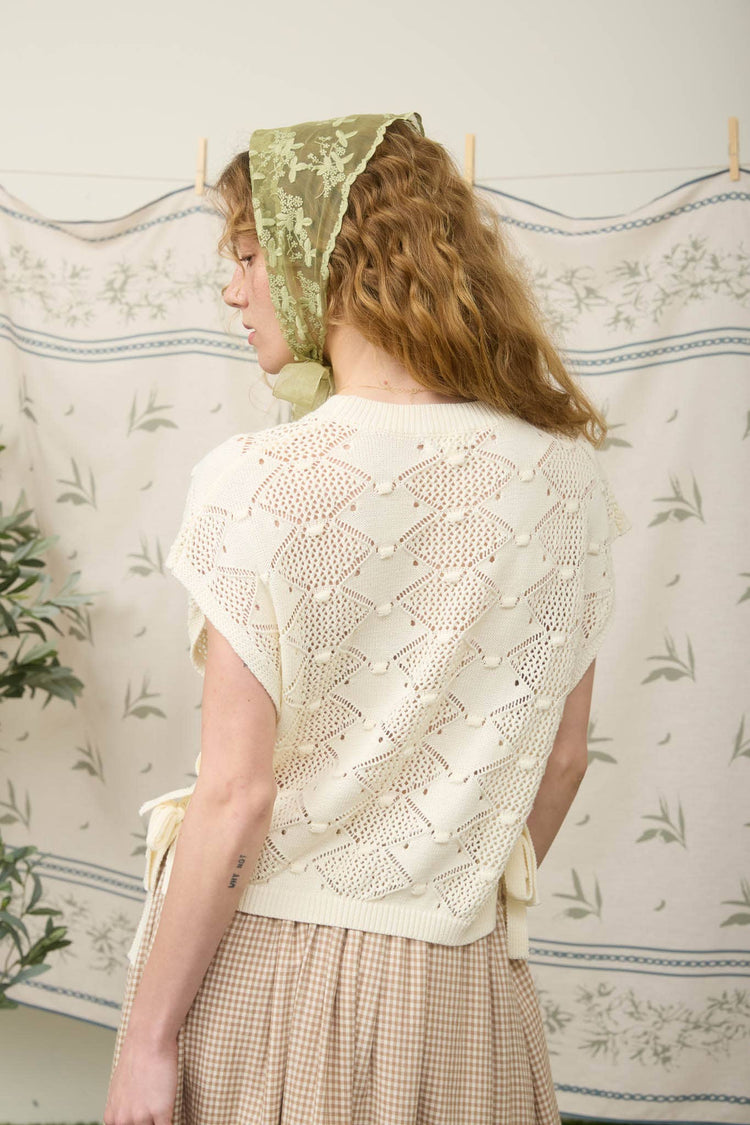 CLIP DOT SHORT SLEEVE SIDE TIE CROCHET SWEATER