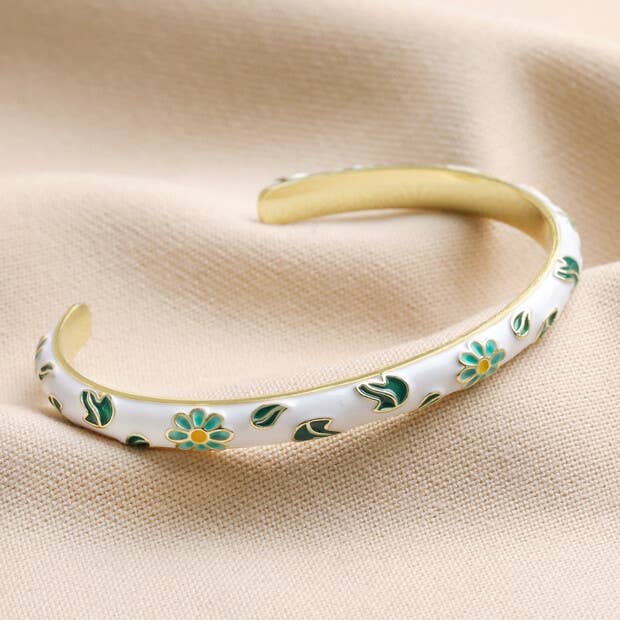 White Cloisonné Bangle in Gold