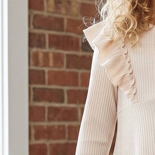 Cream Beige Ribbed Long Sleeve Button Ruffle Shirt