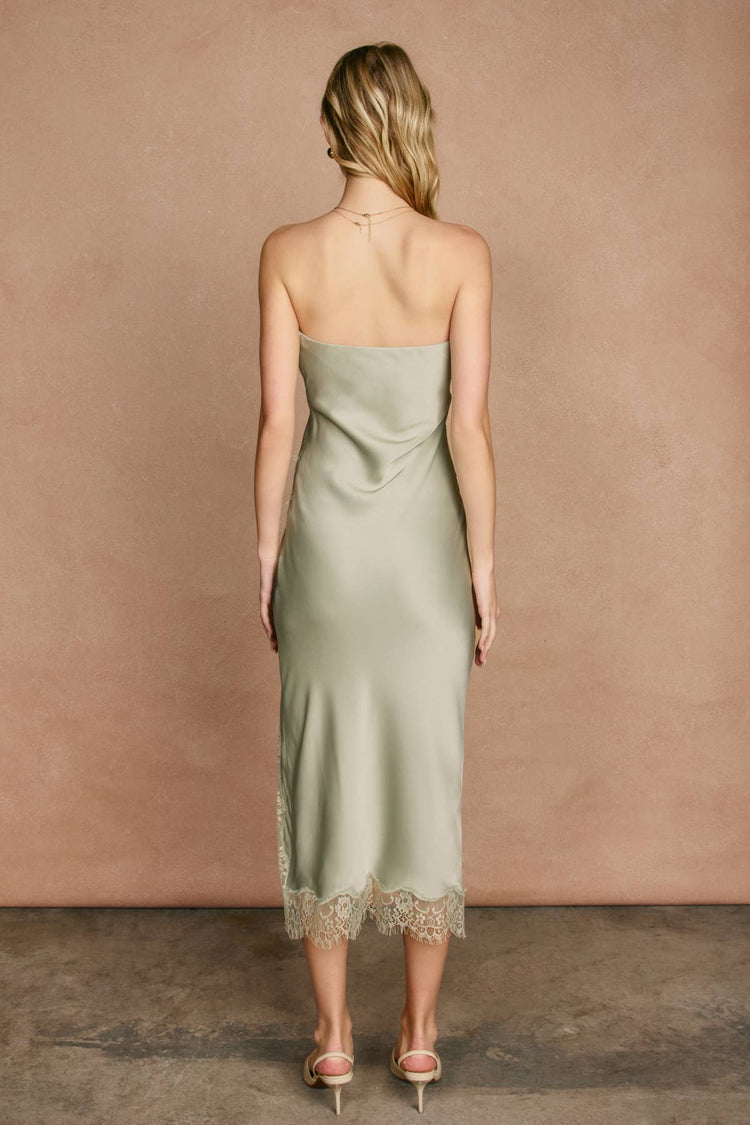 Satin Strapless Lace Hem Midi Dress