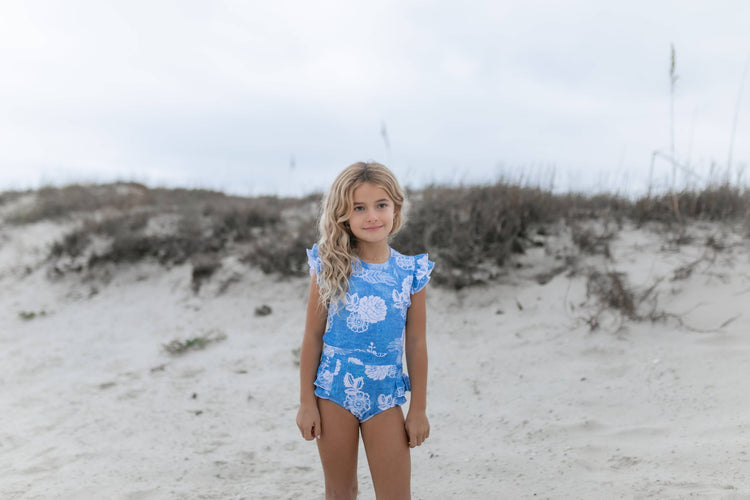 Kids Blue Floral Open Back One Piece Ruffle Swimsuit