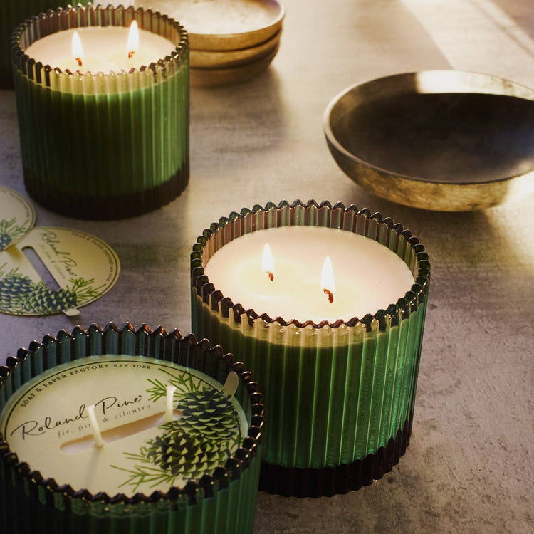 Roland Pine 14 oz Two-Wick Green Ribbed Glass Candle