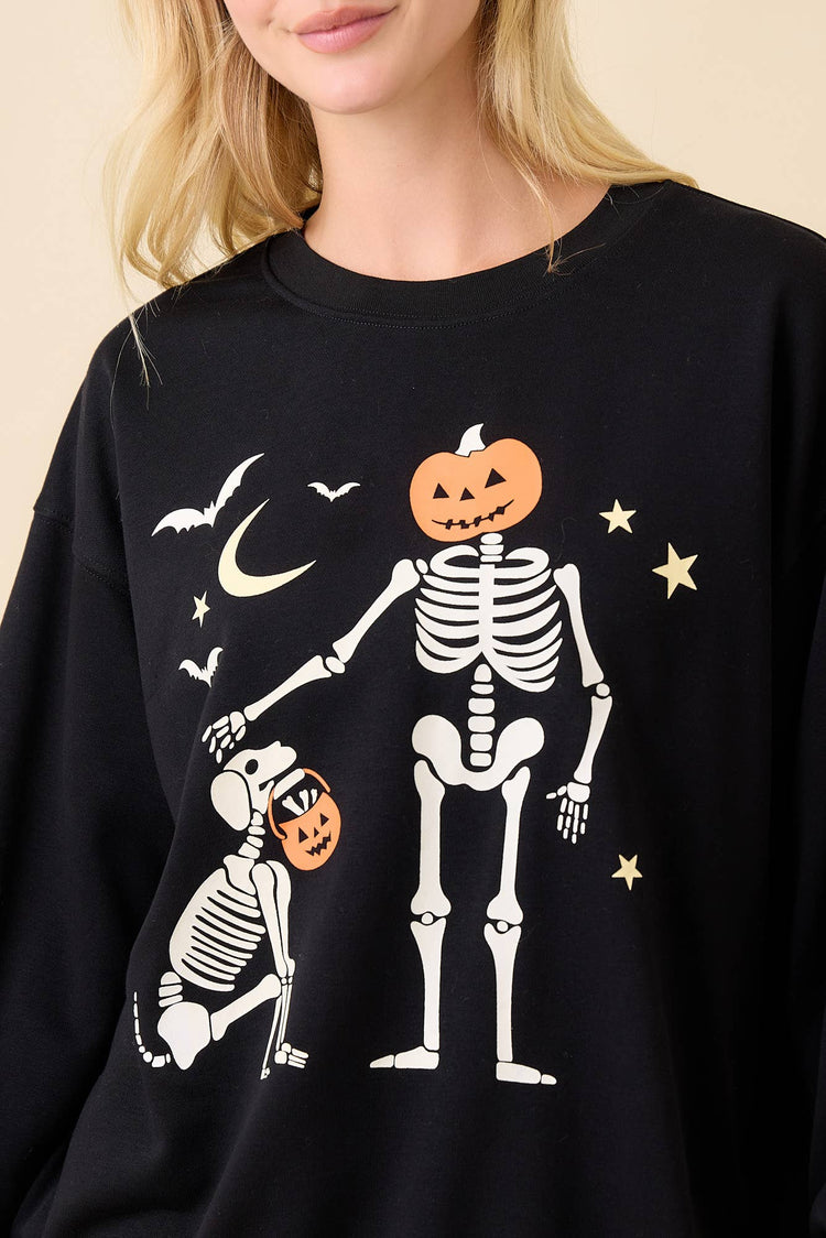 Halloween Pumpkin Skeleton Printed Graphic Crewneck