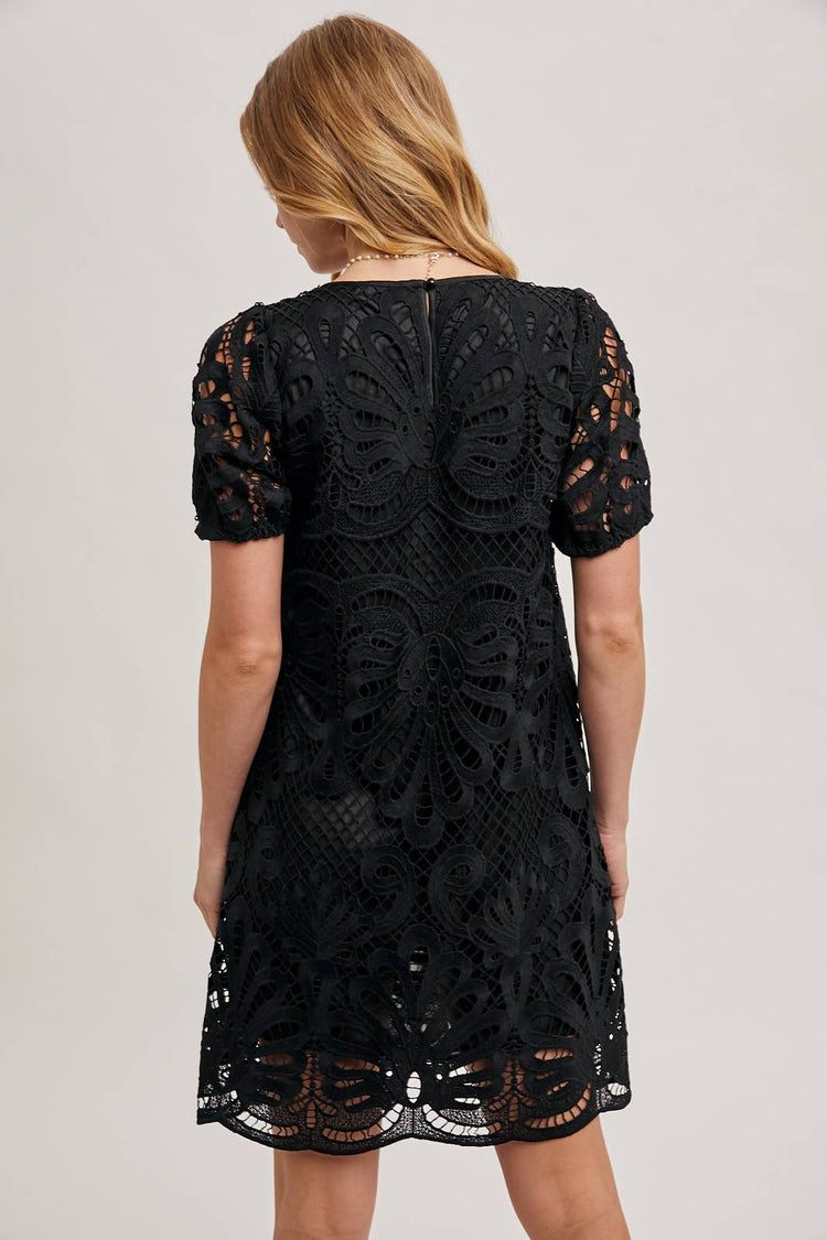PUFF SLEEVED CROCHET DRESS WITH LINING