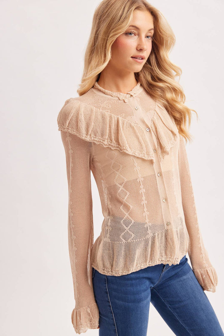 SHEER MOCK NECK BUTTON DOWN RUFFLED OPEN KNIT TOP NO LINING