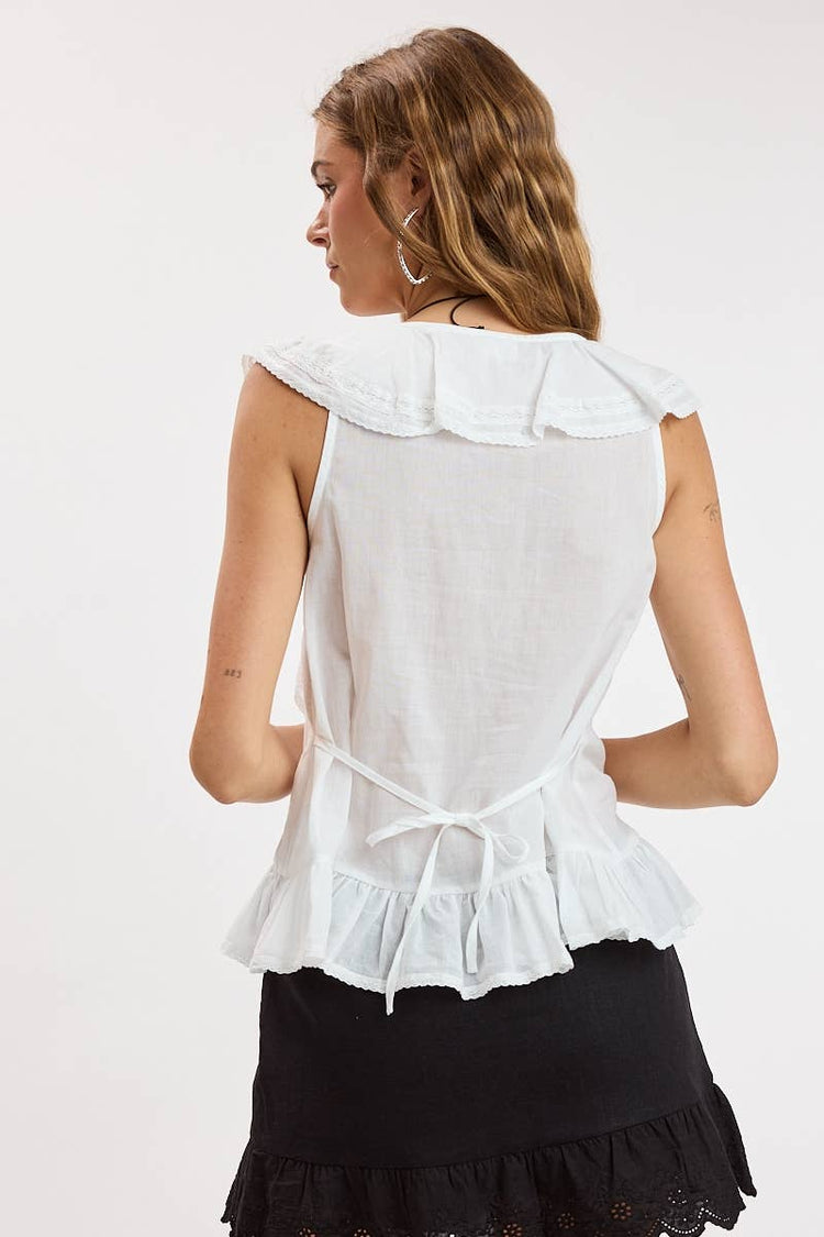 CASCADING RUFFLE LACE SOFT COLOR CAP SLEEVE TOP