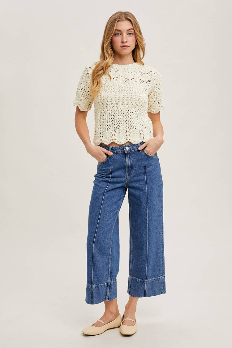 SHEER KNIT SWEATER WITH SCALLOPED HEM BOTTOM