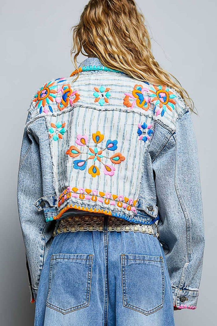 Embroidered Beaded Stripe Panel Cropped Denim Jacket