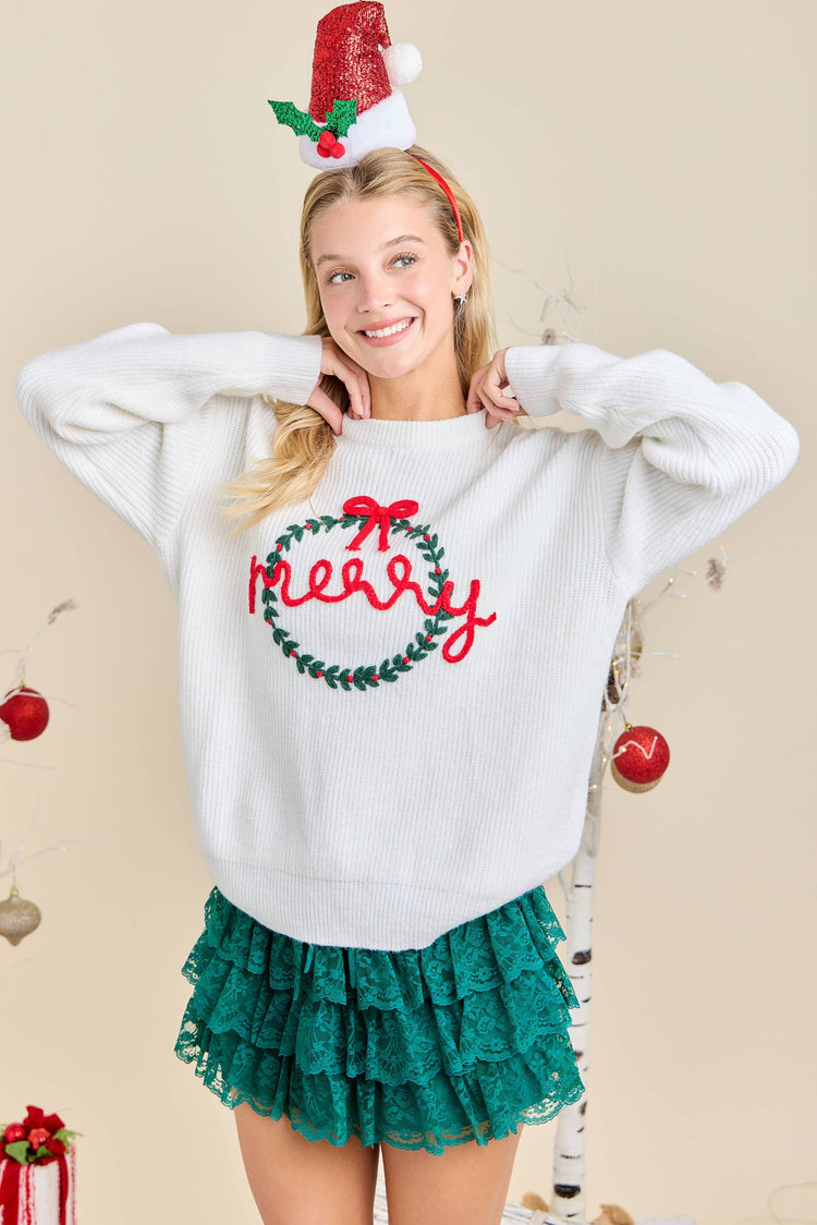 Merry Embroidered Christmas Wreath Sweater Knit Top