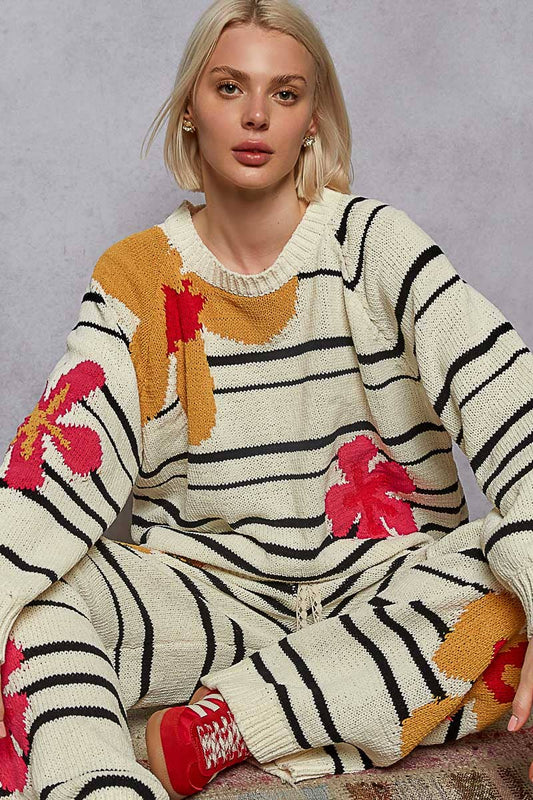 Round neck floral pattern striped chenille sweater top