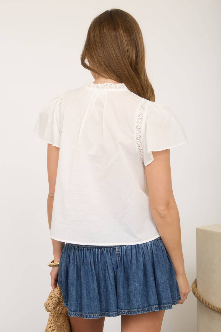 PINTUCK LACE YOKE RUFFLE DETAIL FRONT TIE BLOUSE