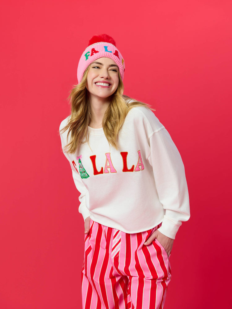 "FA LA LA" STRIPED BEANIE, PINK