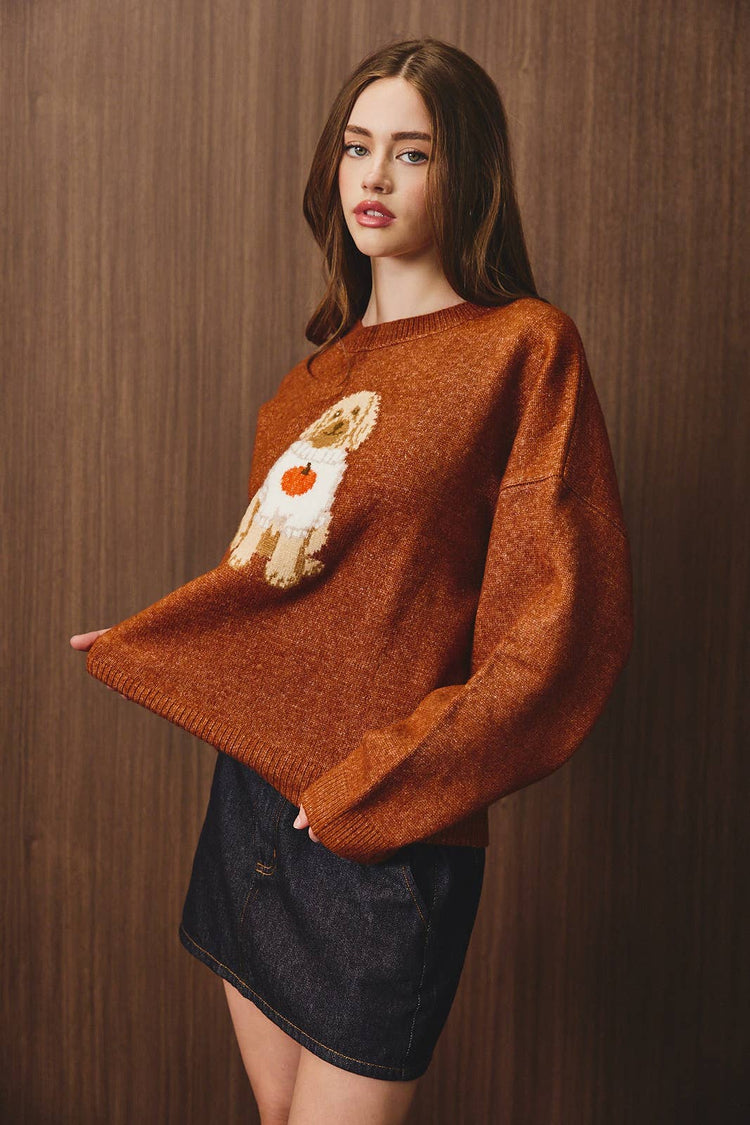 "PUMPKIN SWEATER DOODLE DOG" LONG SLEEVE CREW NECK SWEATER