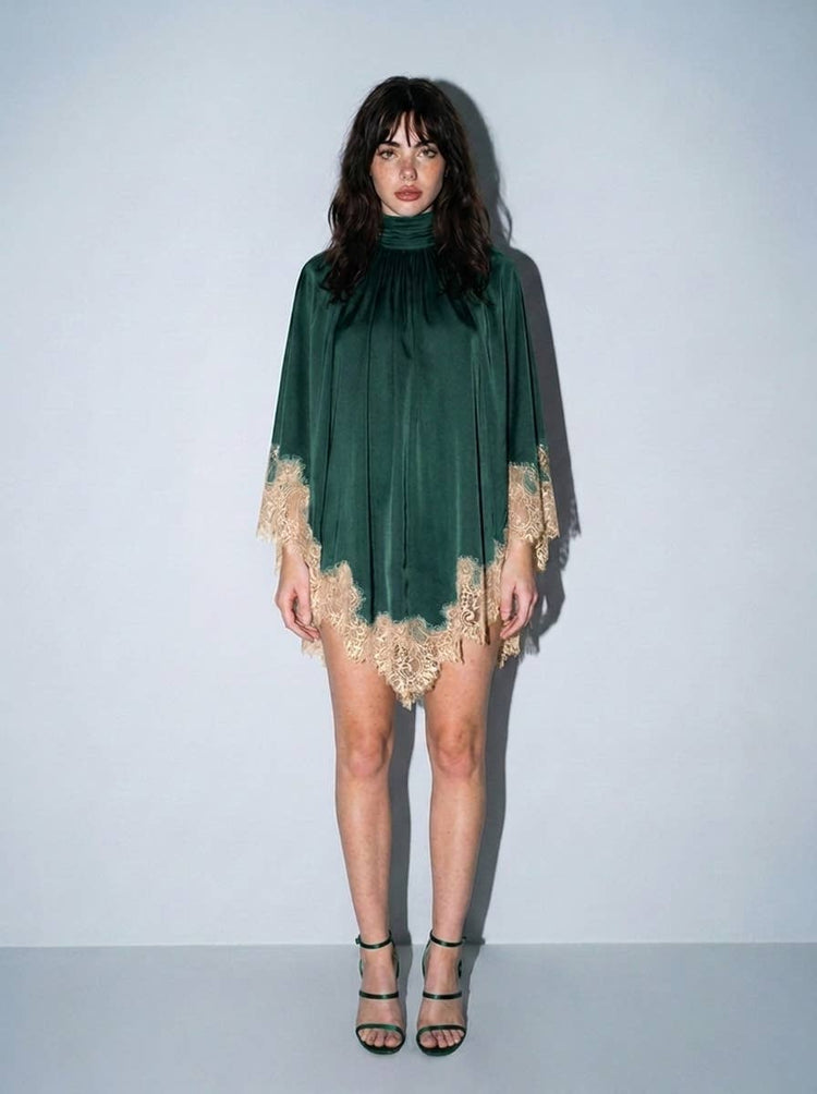Satin Lace-Trimmed Trapeze Mini Dress