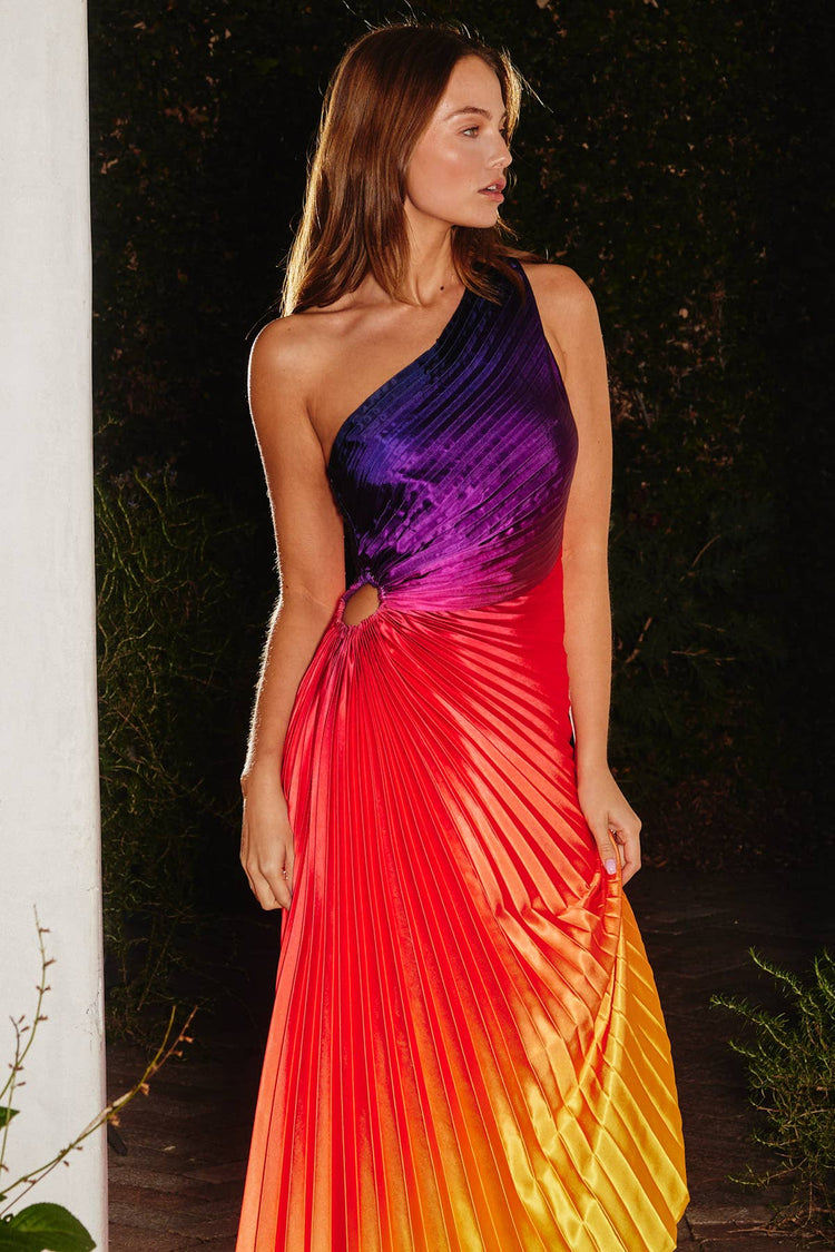 Radiance Ombre Asymmetrical Pleated Maxi Dress