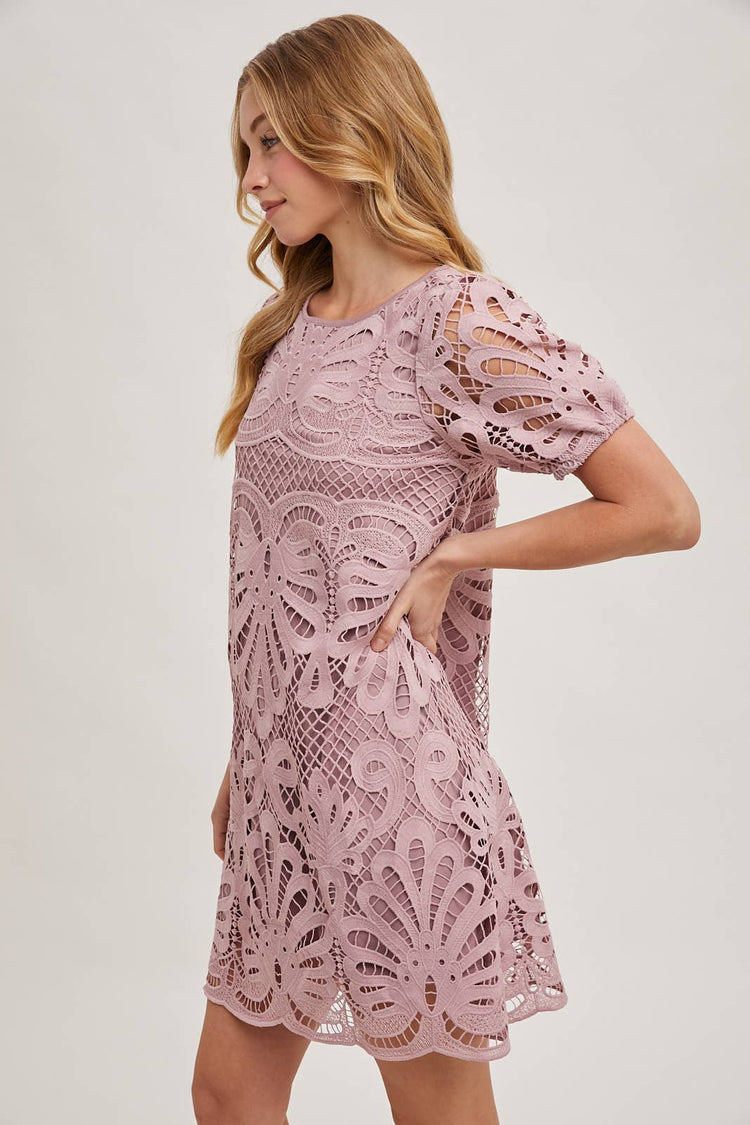 PUFF SLEEVED CROCHET DRESS WITH LINING