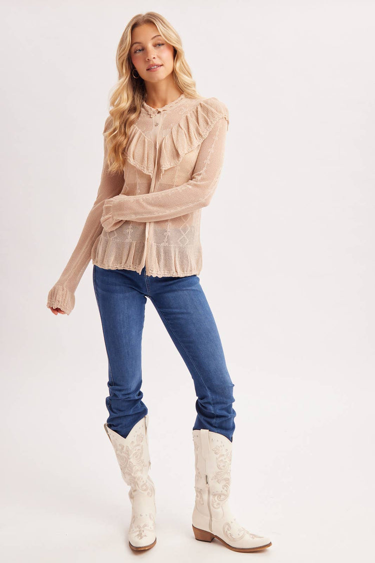 SHEER MOCK NECK BUTTON DOWN RUFFLED OPEN KNIT TOP NO LINING