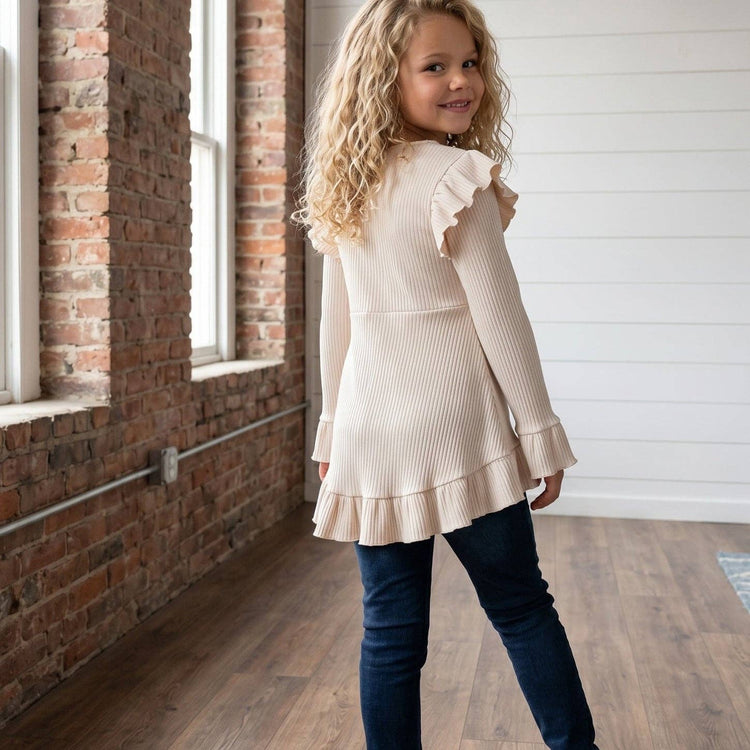 Cream Beige Ribbed Long Sleeve Button Ruffle Shirt