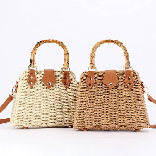 Straw textures top handle shoulder bag