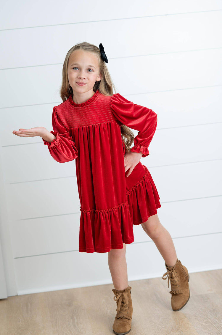 Alexa Red Smocked Velvet Fancy Holiday Party Dress