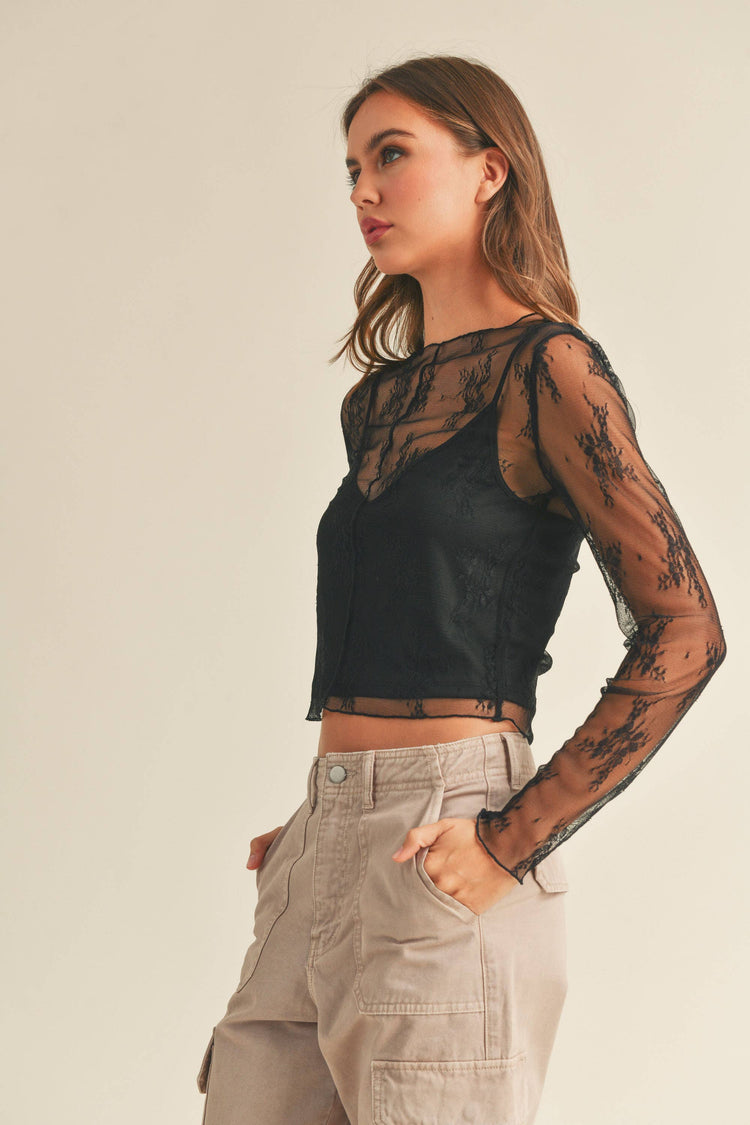 LONG SLEEVE LACE FABRIC WITH LINING INSERT TOP