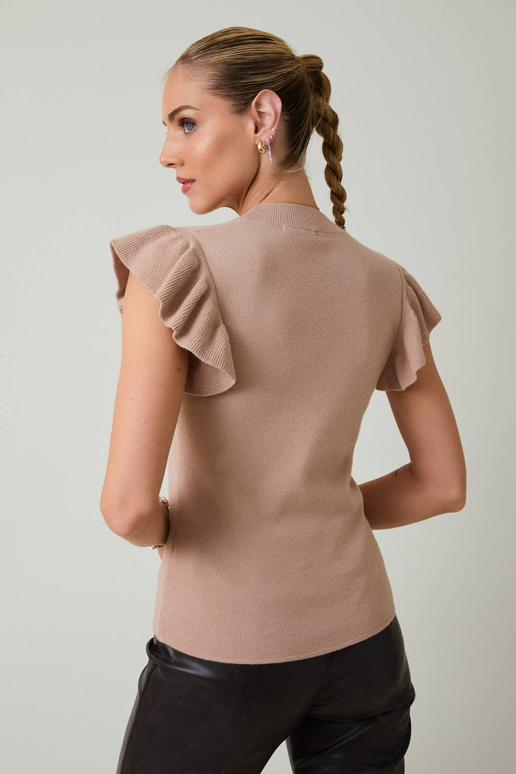 MOCK NECK RUFFLE SLEEVE KNIT TOP