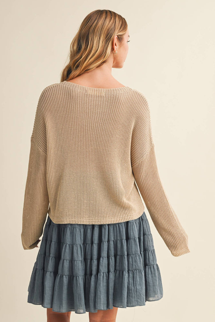 FRONT-POCKET PURL KNIT SWEATER TOP