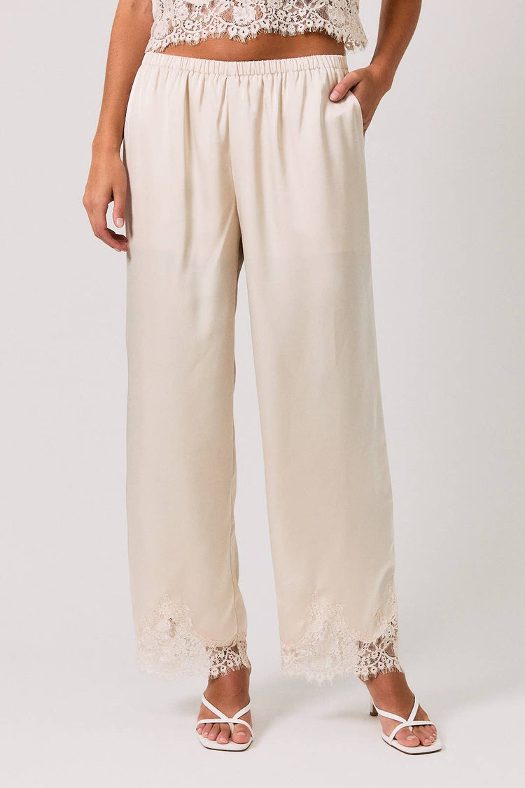 ELASTIC WAIST LACE TRIM WIDE LEG PANTS