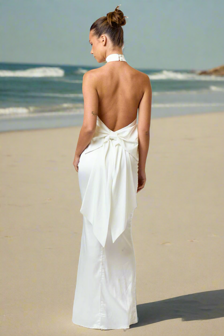 Satin Halter Maxi with Backless Bow