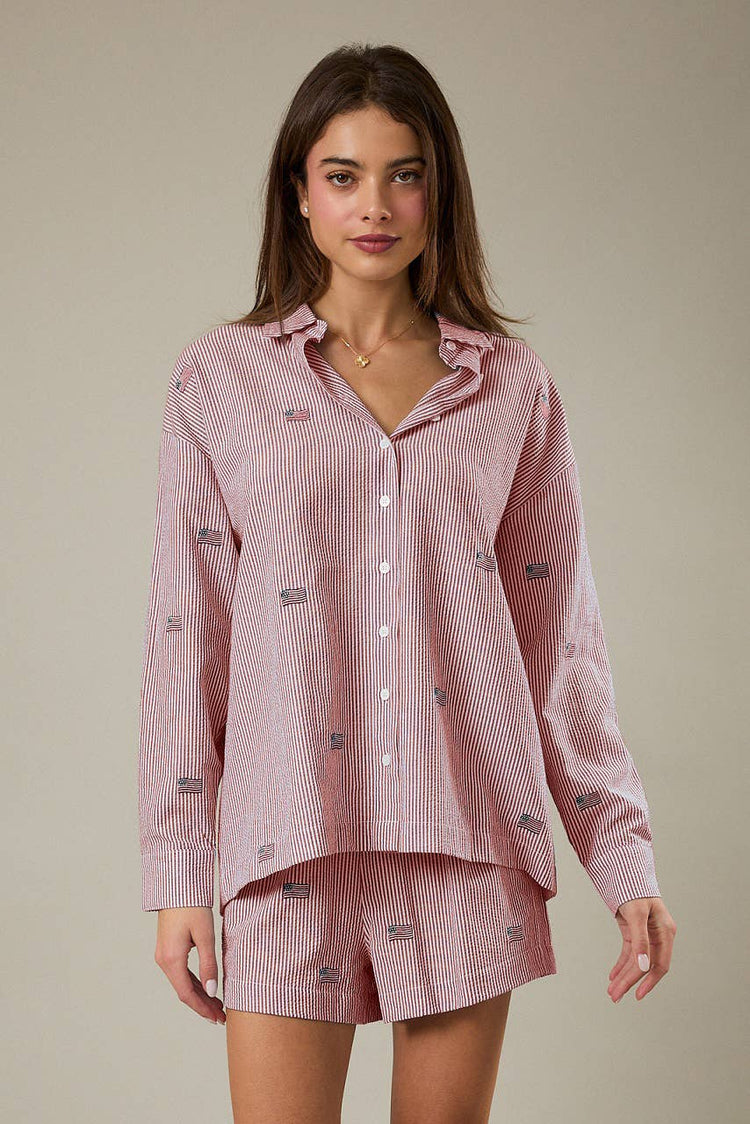 STRIPE FLAG EMBRO OVERSIZED BUTTON DOWN SHIRT