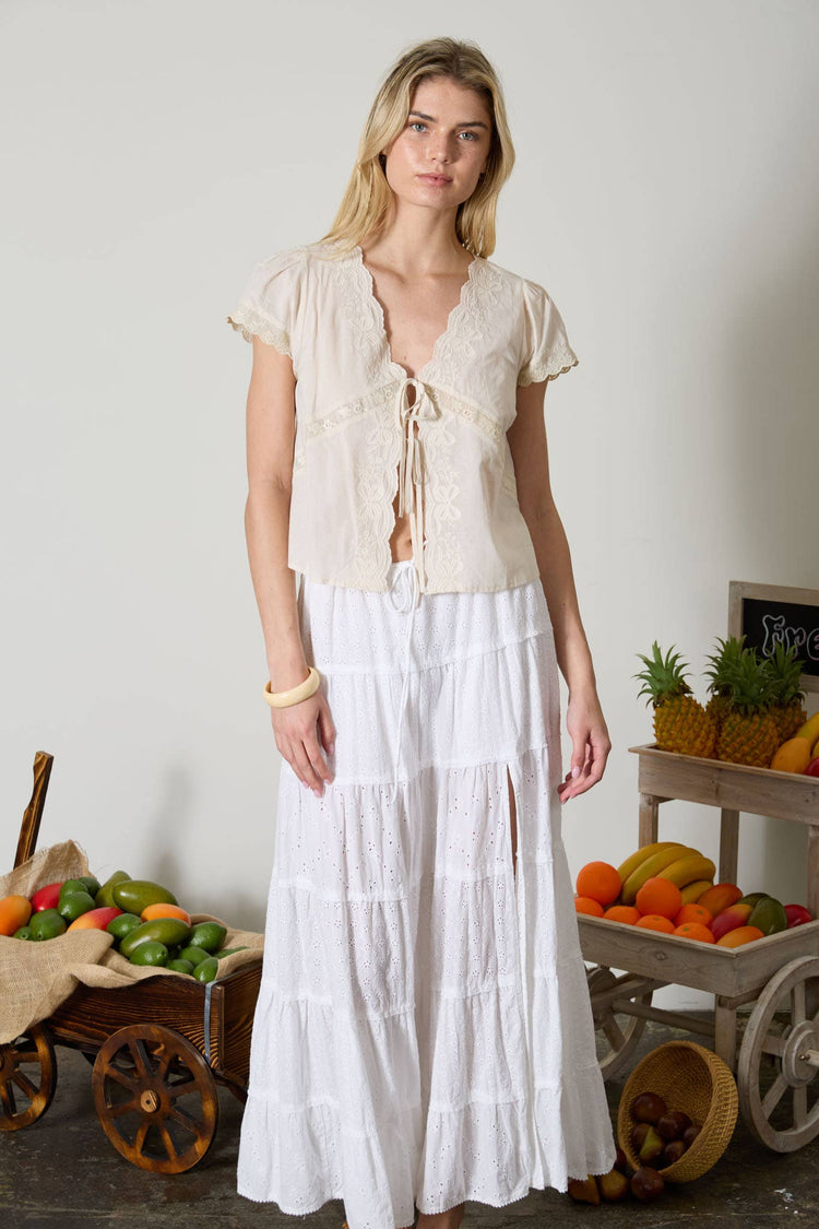 SCALLOPED EMBROIDERED FRONT TIE LACE TRIM TOP