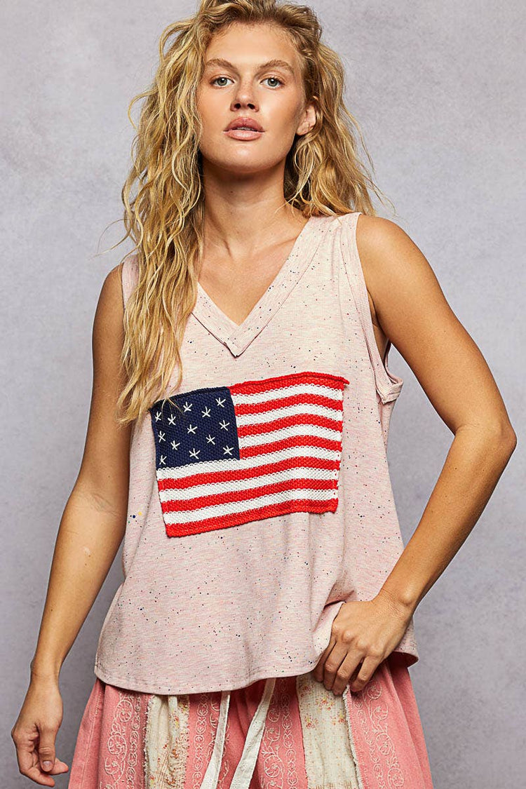 Handmade American Flag Patch Rib V-Neck Sleeveless Top